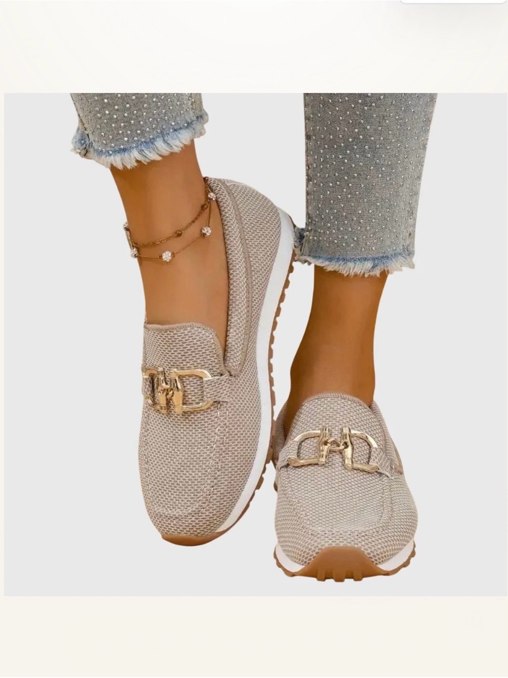 Emmy & Ellie Women’s Beige Slip-On Loafers w/Gold Buckle New Size 41/ womens 10